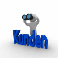 Kunden gewinnen Gezeichnete menschliche Figur, mit einem Feldstecher auf der Suche nach Kunden