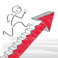 Website Optimierung Bild für Optimierung - Strichmännchen läuft die Treppe am Pfeil hinauf
