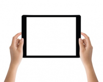 Tablet Querformat gehalten Tablet wird Querformat mit zwei Händen gehalten