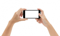 Handy Querformat gehalten Handy wird Querformat mit zwei Händen gehalten