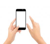 Handy Hochformat gehalten Handy wird Hochformat mit beiden Händen gehalten